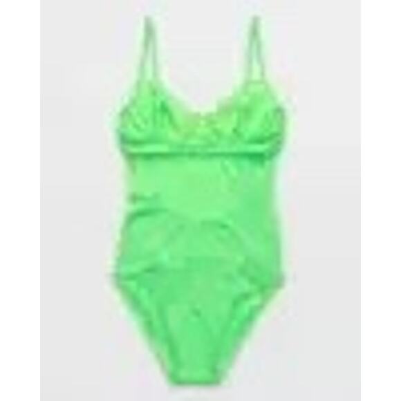 Aerie Lace Underwire One Piece Swimsuit neon green cutout back sz small - Picture 4 of 10